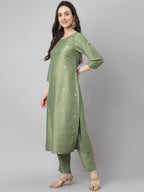 Janasya Women's Green Chinon Solid Straight Festive Kurta Set