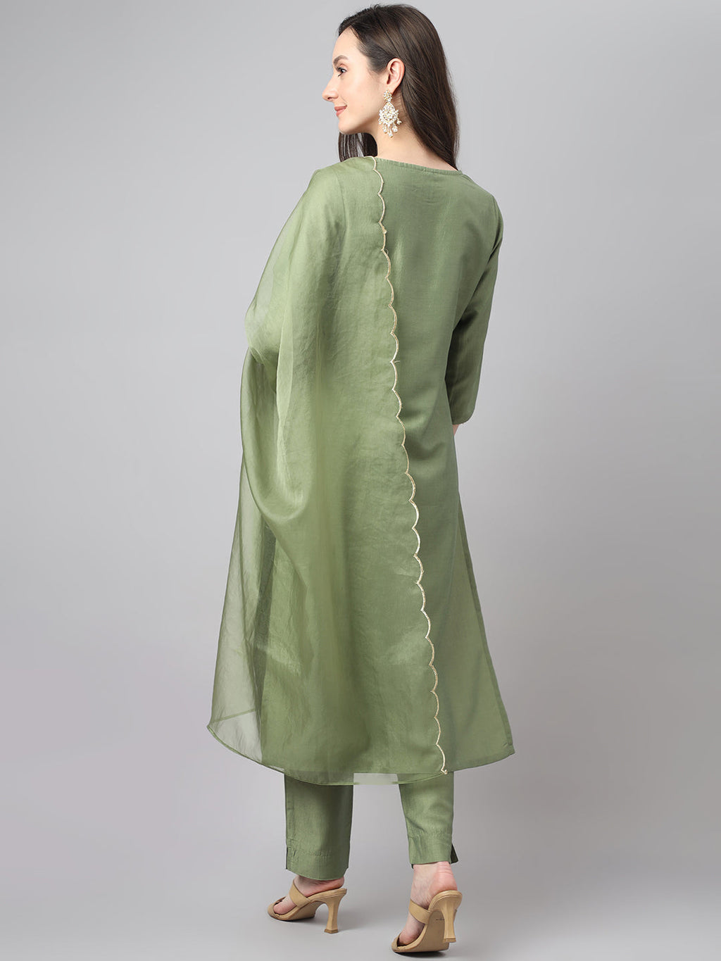 Janasya Women's Green Chinon Solid Straight Festive Kurta Set