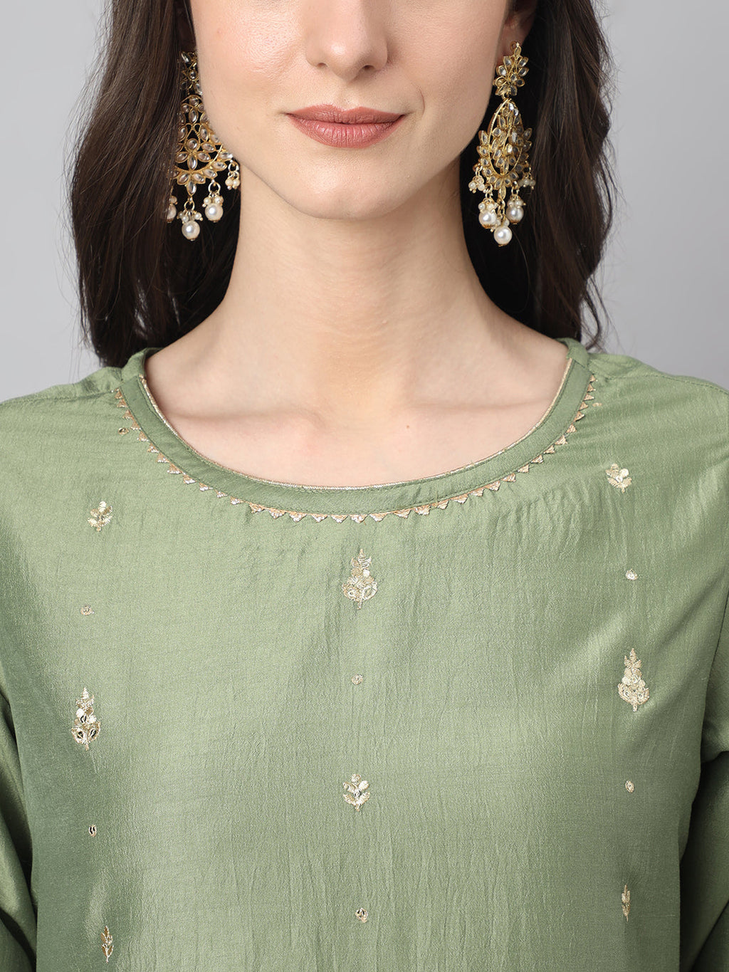 Janasya Women's Green Chinon Solid Straight Festive Kurta Set