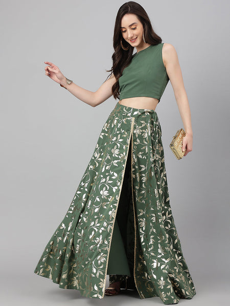 Janasya Women's Olive Green Crepe Solid Lehenga Choli With Pant