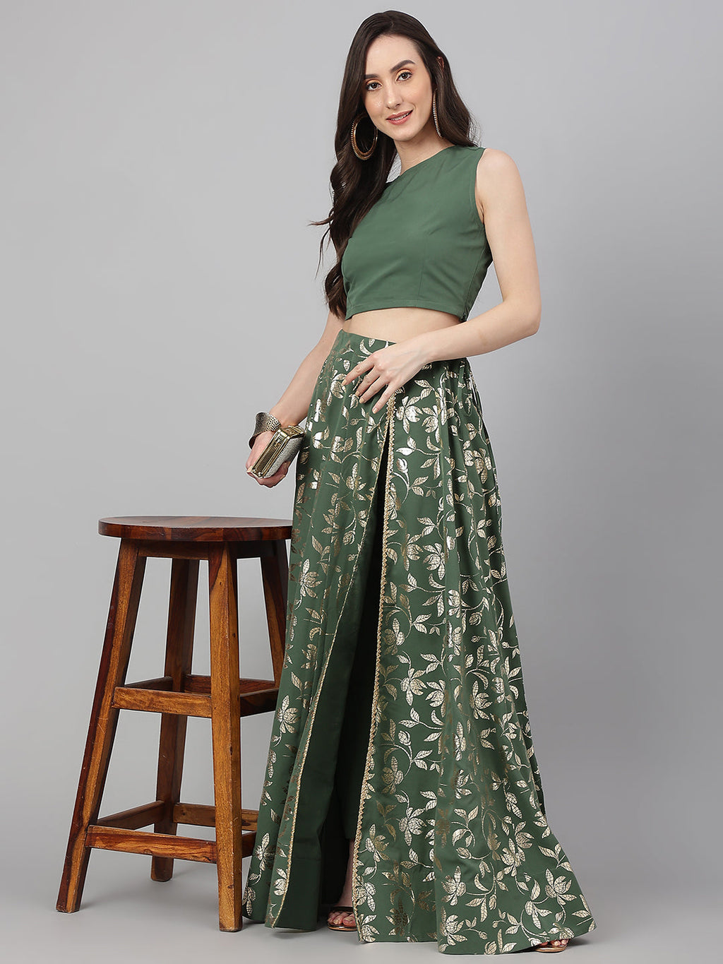 Janasya Women's Olive Green Crepe Solid Lehenga Choli With Pant - Distacart