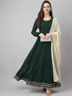 Janasya Women's Bottle Green Georgette Solid Anarkali Festive Kurta Set
