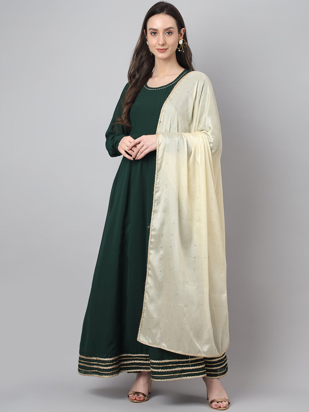Janasya Women's Bottle Green Georgette Solid Anarkali Festive Kurta Set