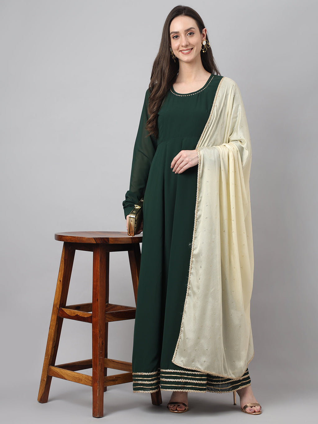 Janasya Women's Bottle Green Georgette Solid Anarkali Festive Kurta Set