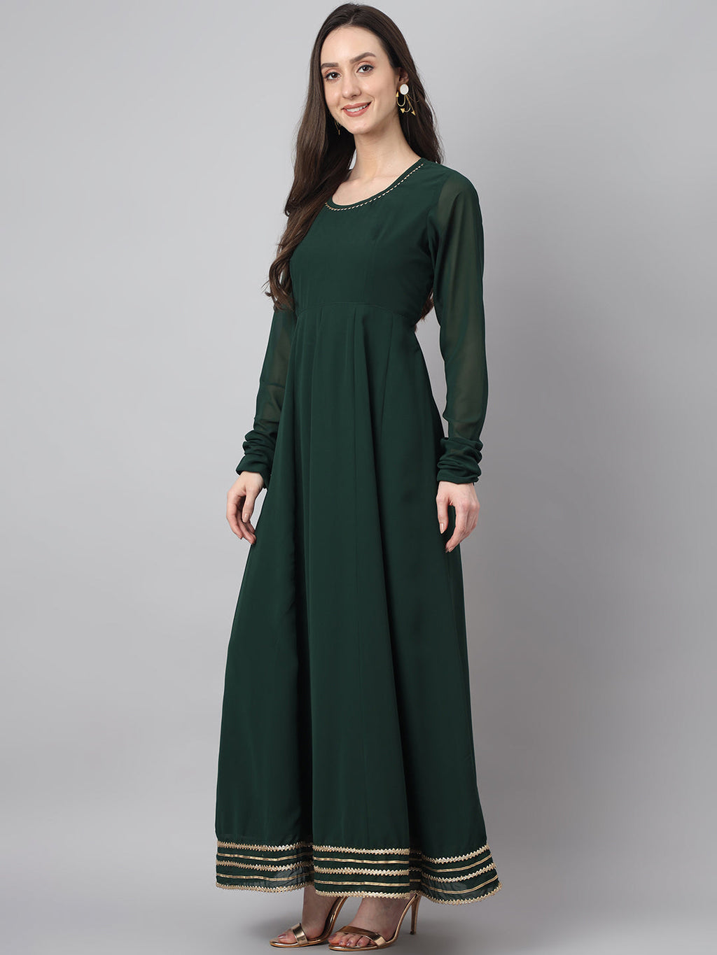 Janasya Women's Bottle Green Georgette Solid Anarkali Festive Kurta Set