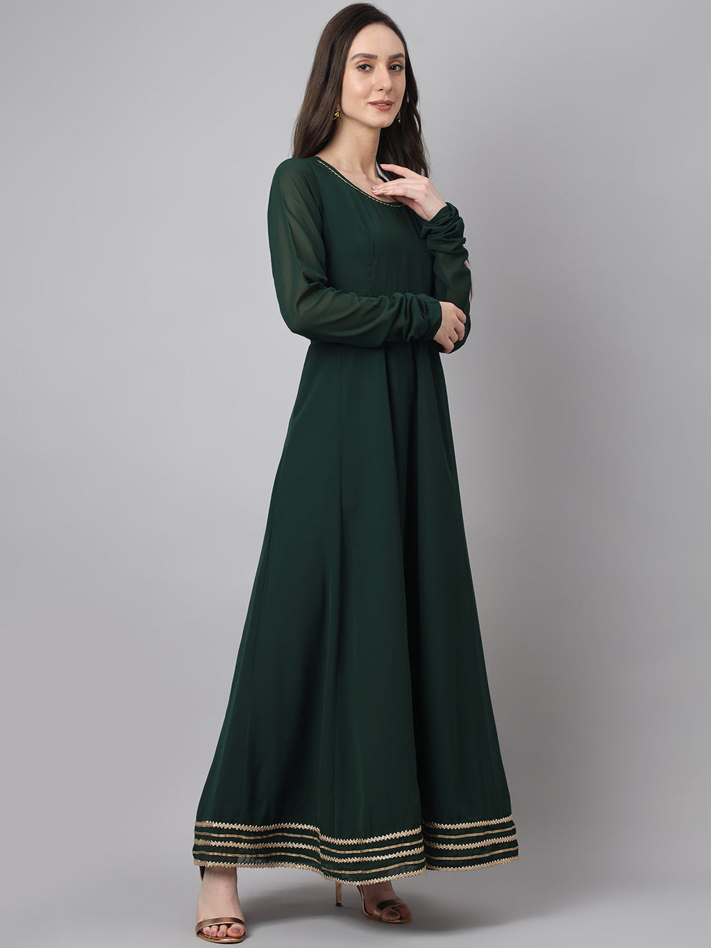 Janasya Women's Bottle Green Georgette Solid Anarkali Festive Kurta Set