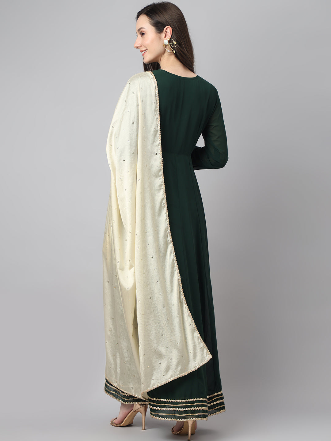 Janasya Women's Bottle Green Georgette Solid Anarkali Festive Kurta Set