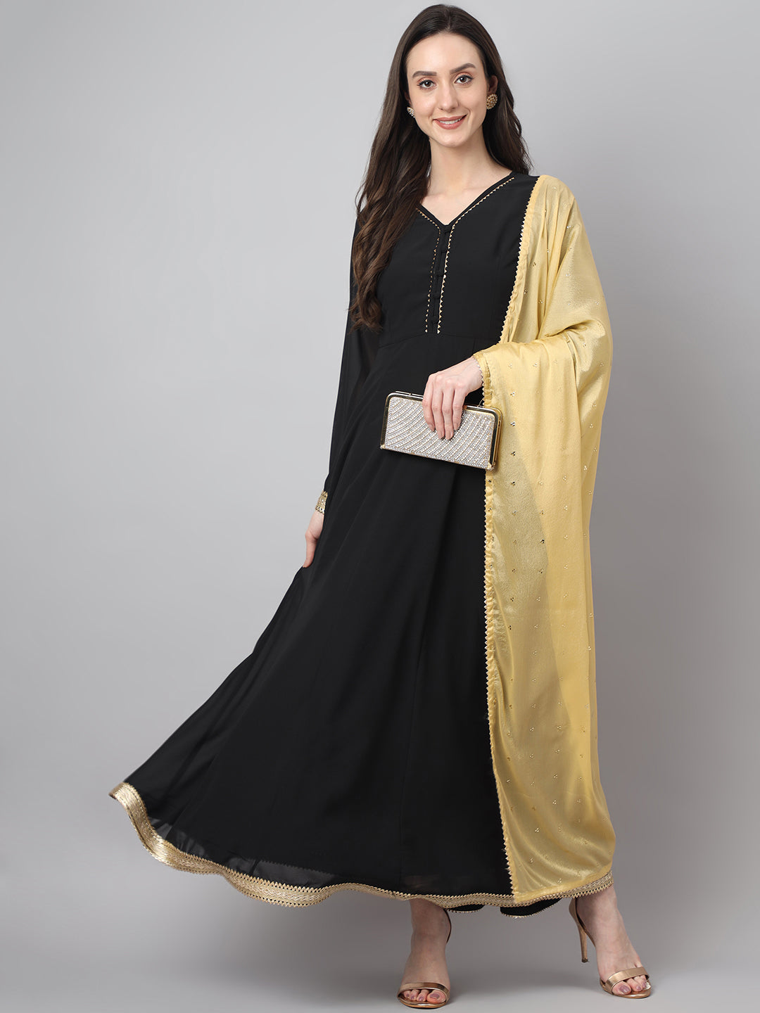 Janasya Women's Black Georgette Solid Anarkali Festive Kurta Set