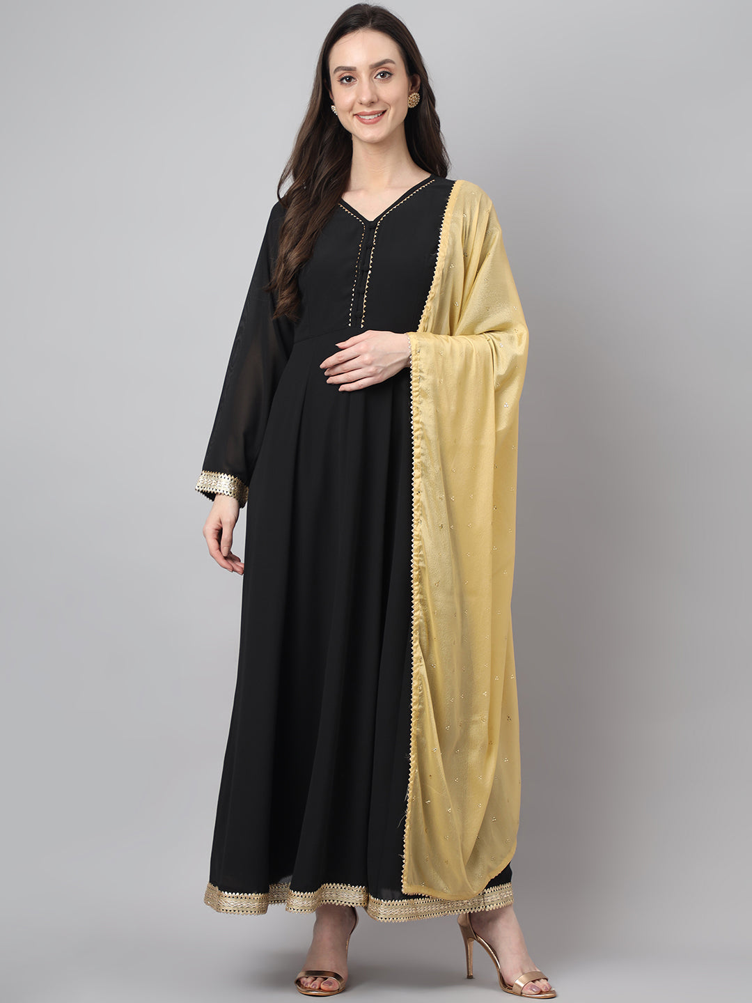 Janasya Women's Black Georgette Solid Anarkali Festive Kurta Set