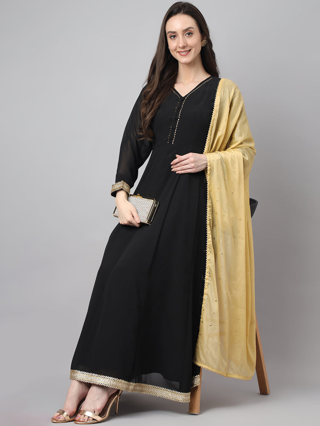 Janasya Women's Black Georgette Solid Anarkali Festive Kurta Set