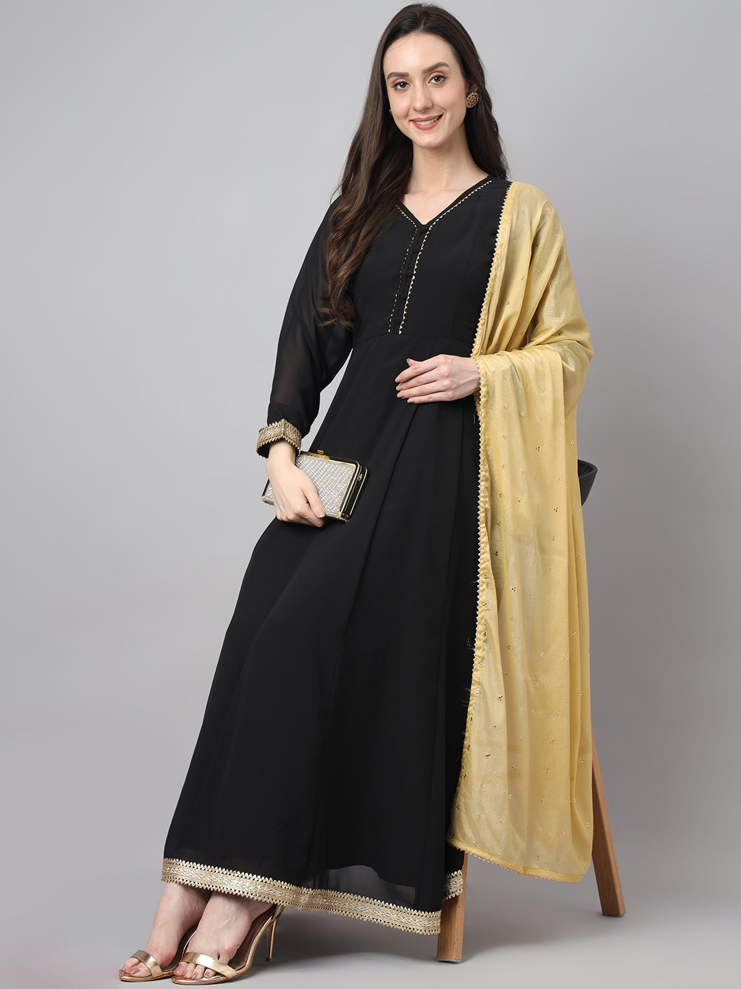 Janasya Women's Black Georgette Solid Anarkali Festive Kurta Set