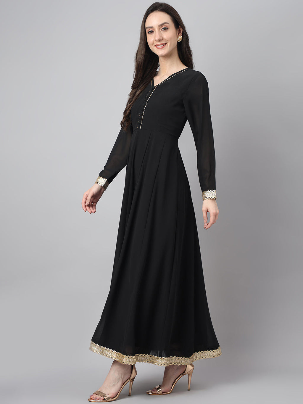 Janasya Women's Black Georgette Solid Anarkali Festive Kurta Set