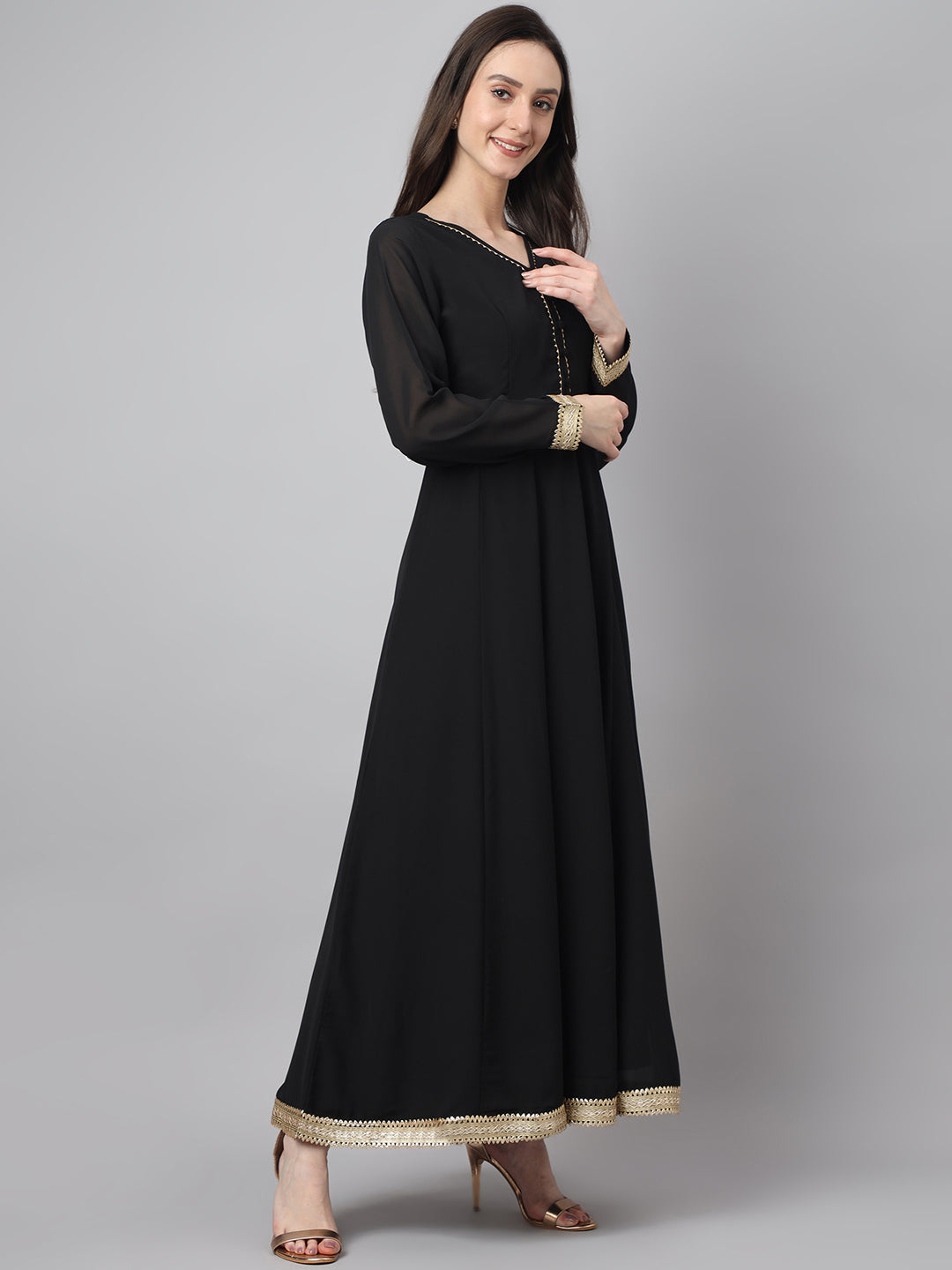 Janasya Women's Black Georgette Solid Anarkali Festive Kurta Set