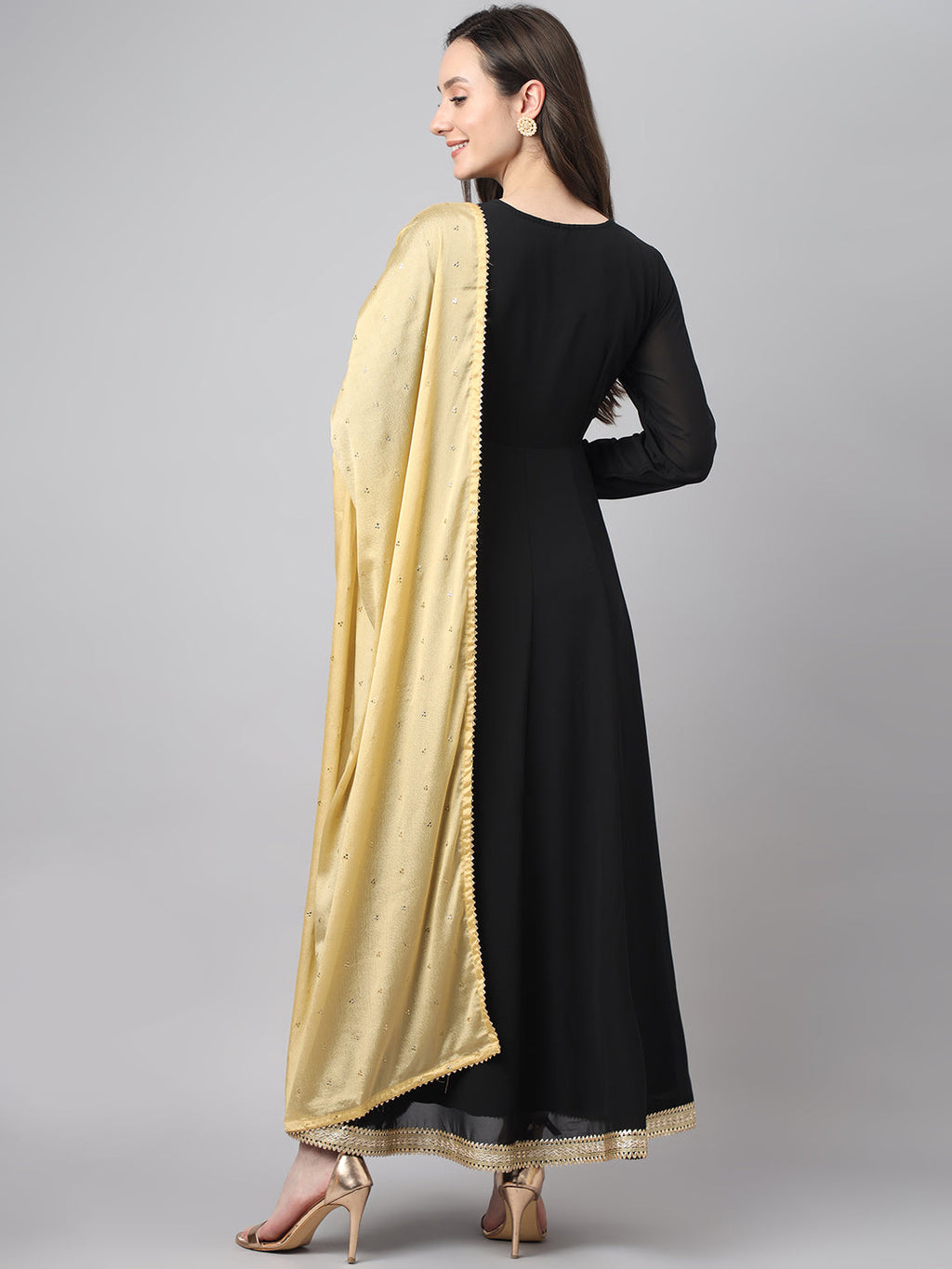 Janasya Women's Black Georgette Solid Anarkali Festive Kurta Set