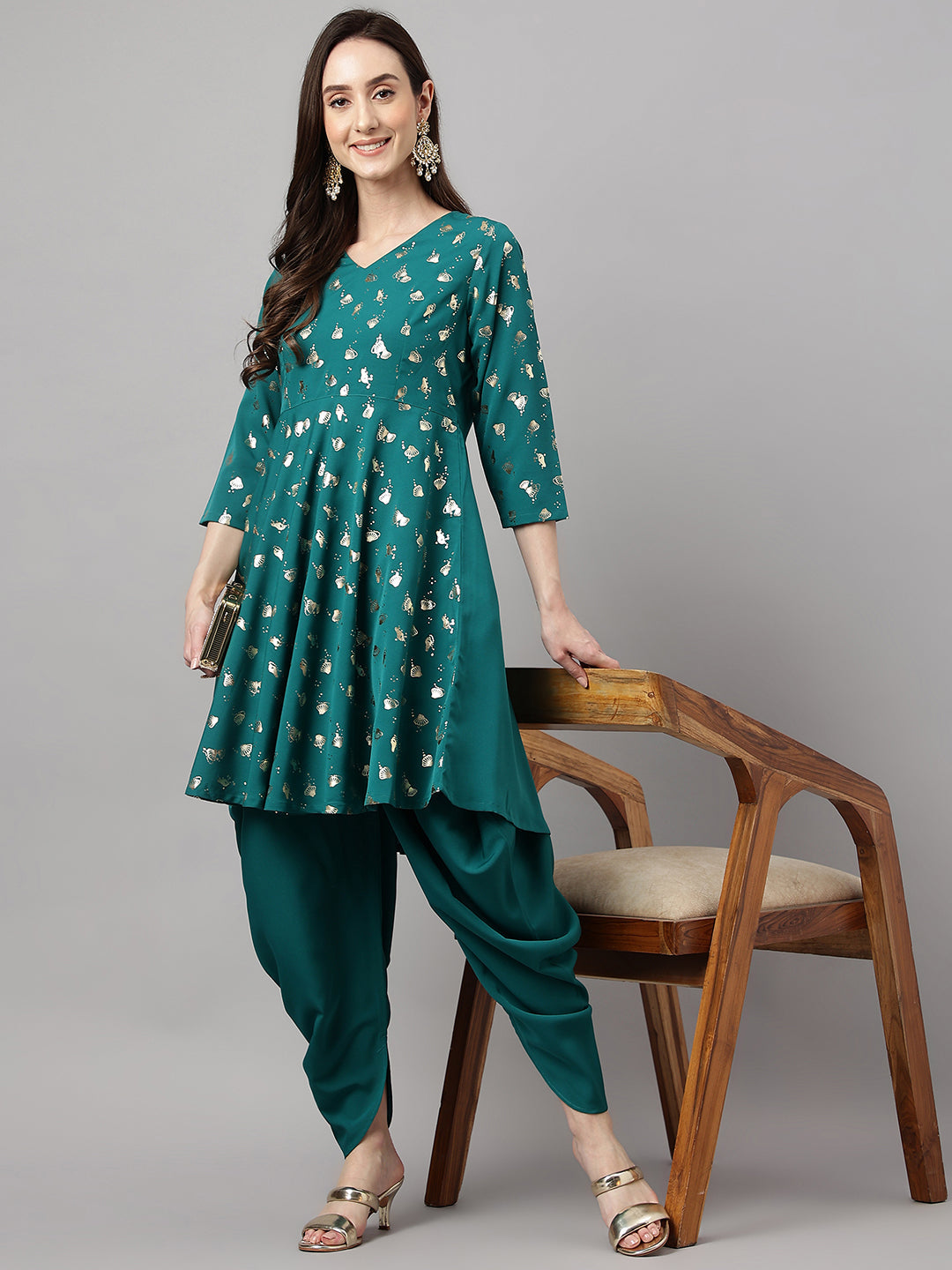 Janasya Women's Peacock Green Crepe Foil Printed Flared Party Kurta Set
