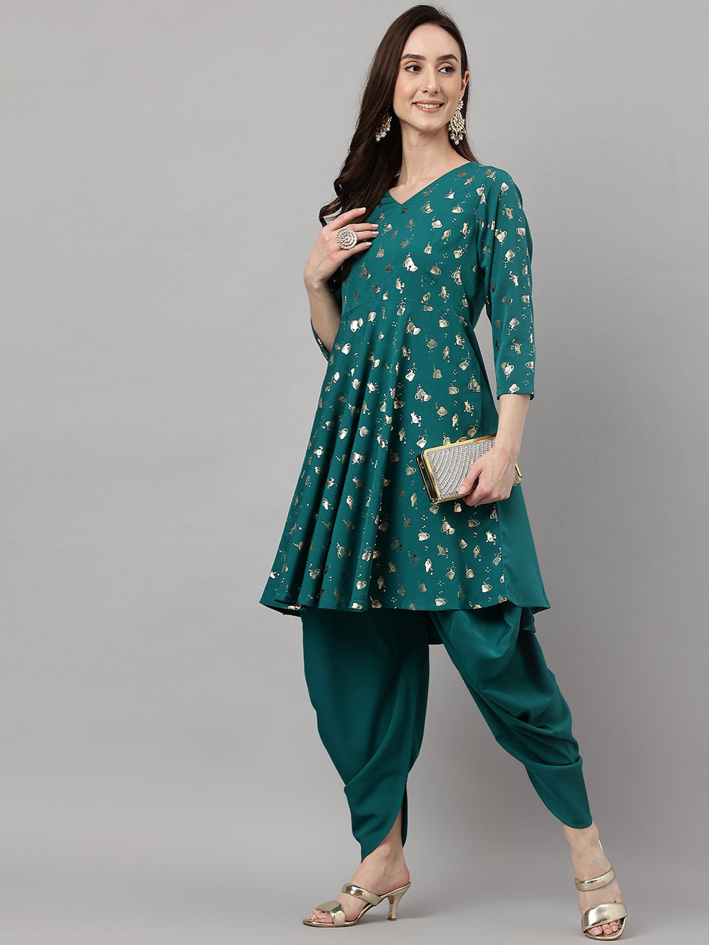 Janasya Women's Peacock Green Crepe Foil Printed Flared Party Kurta Set