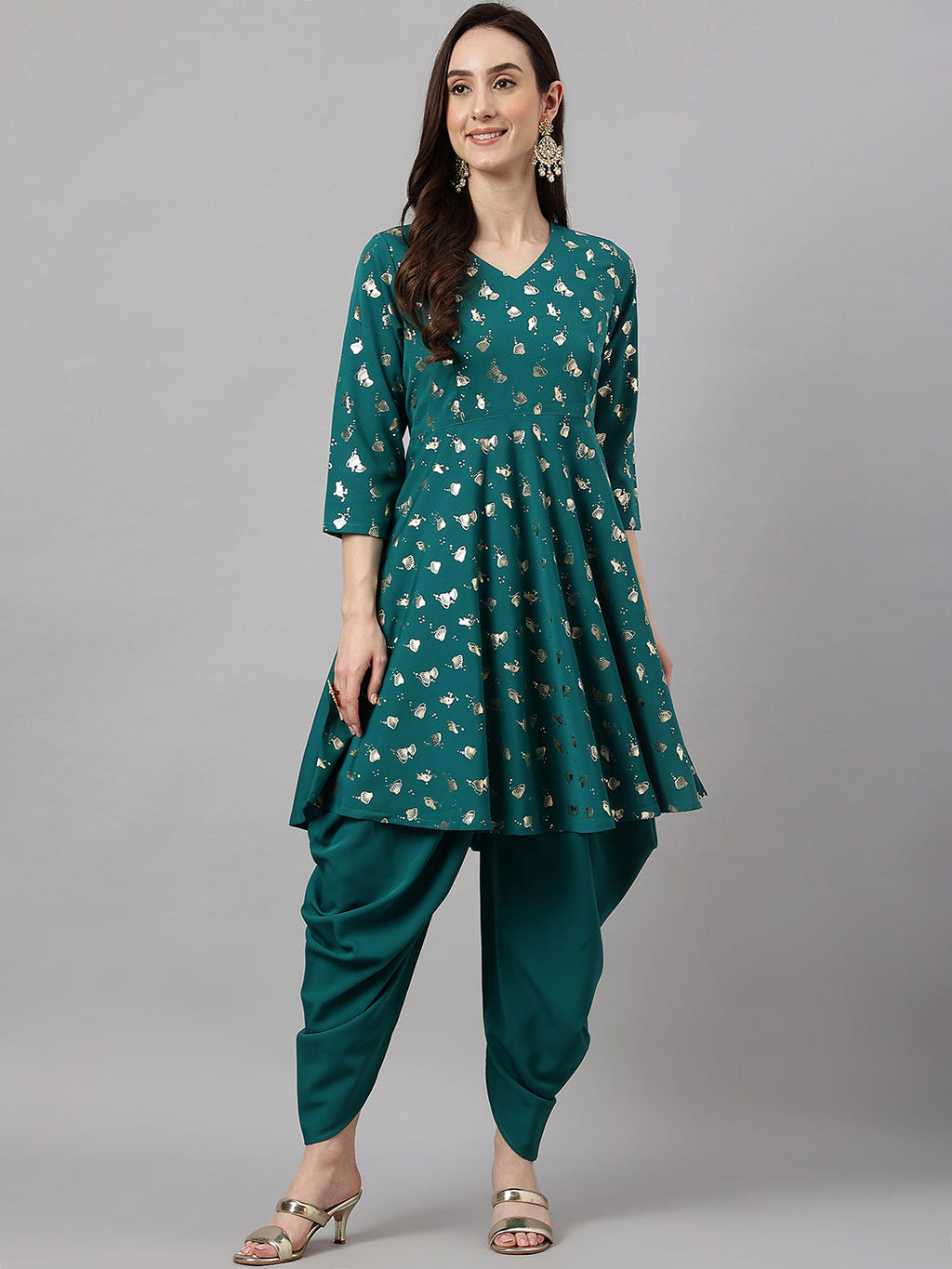 Janasya Women's Peacock Green Crepe Foil Printed Flared Party Kurta Set