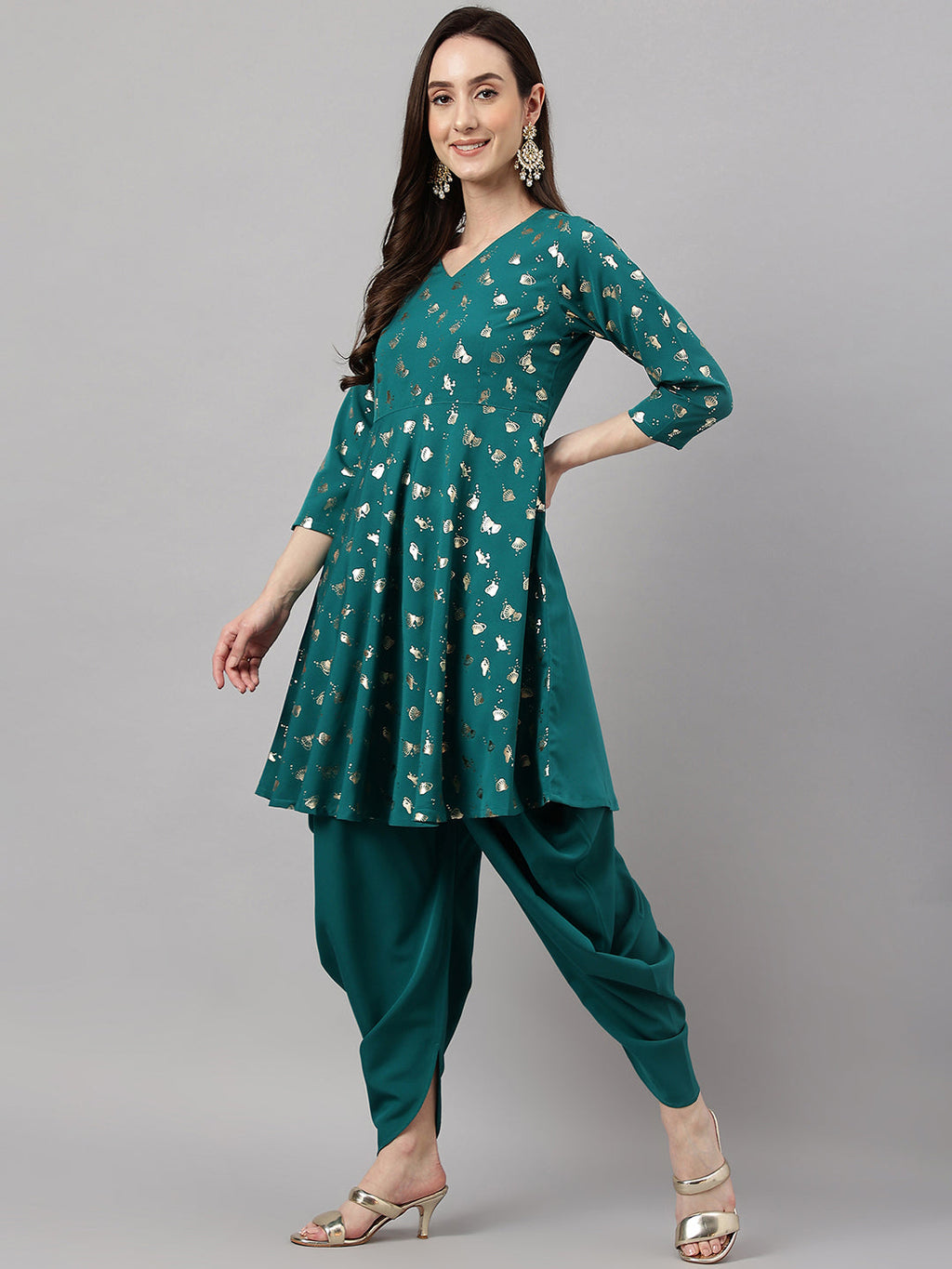 Janasya Women's Peacock Green Crepe Foil Printed Flared Party Kurta Set