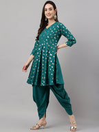 Janasya Women's Peacock Green Crepe Foil Printed Flared Party Kurta Set