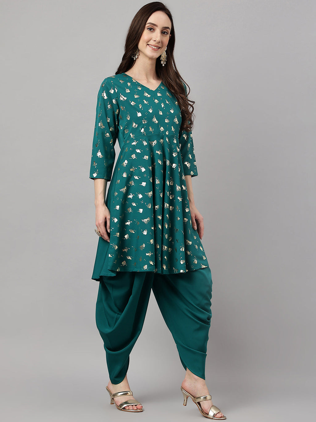 Janasya Women's Peacock Green Crepe Foil Printed Flared Party Kurta Set