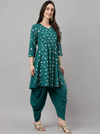 Janasya Women's Peacock Green Crepe Foil Printed Flared Party Kurta Set