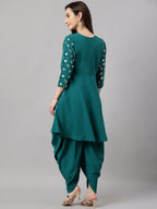 Janasya Women's Peacock Green Crepe Foil Printed Flared Party Kurta Set