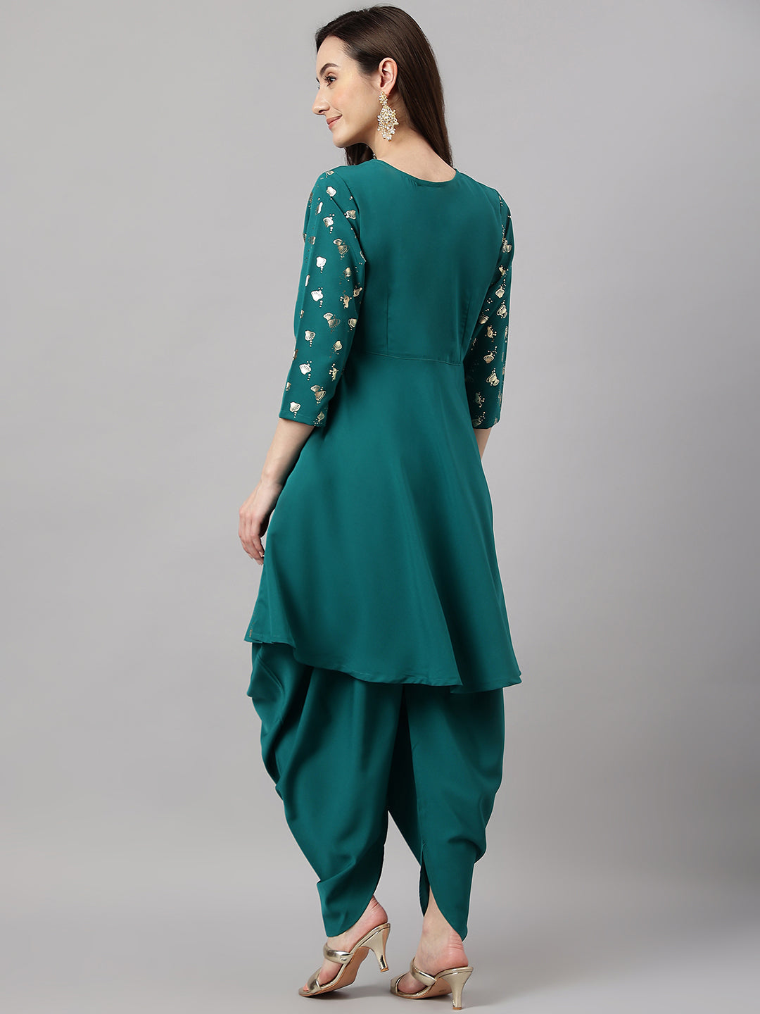 Janasya Women's Peacock Green Crepe Foil Printed Flared Party Kurta Set