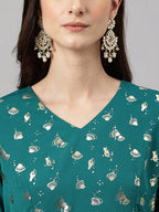 Janasya Women's Peacock Green Crepe Foil Printed Flared Party Kurta Set