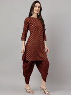 Janasya Women's Brown Crepe Foil Printed Straight Festive Kurta Set