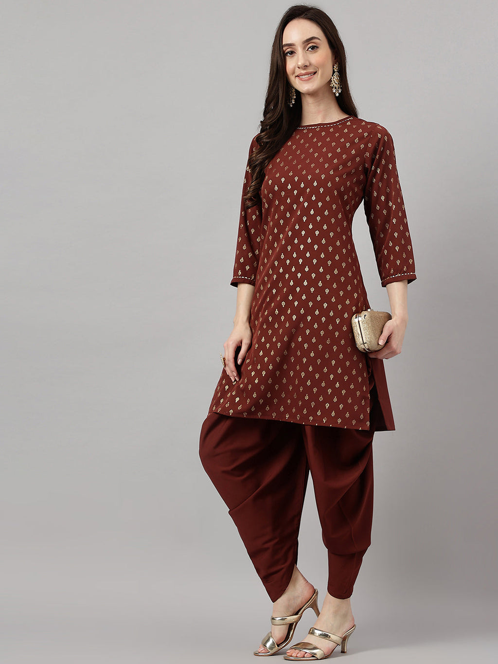 Janasya Women's Brown Crepe Foil Printed Straight Festive Kurta Set