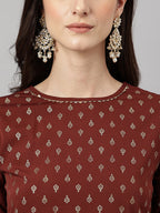 Janasya Women's Brown Crepe Foil Printed Straight Festive Kurta Set