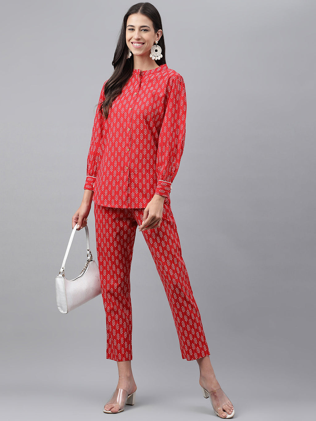 Janasya Women's Red Cotton Ethnic Motifs Regular Casual Top Set