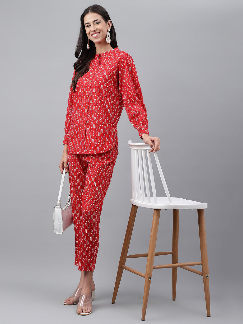 Janasya Women's Red Cotton Ethnic Motifs Regular Casual Top Set