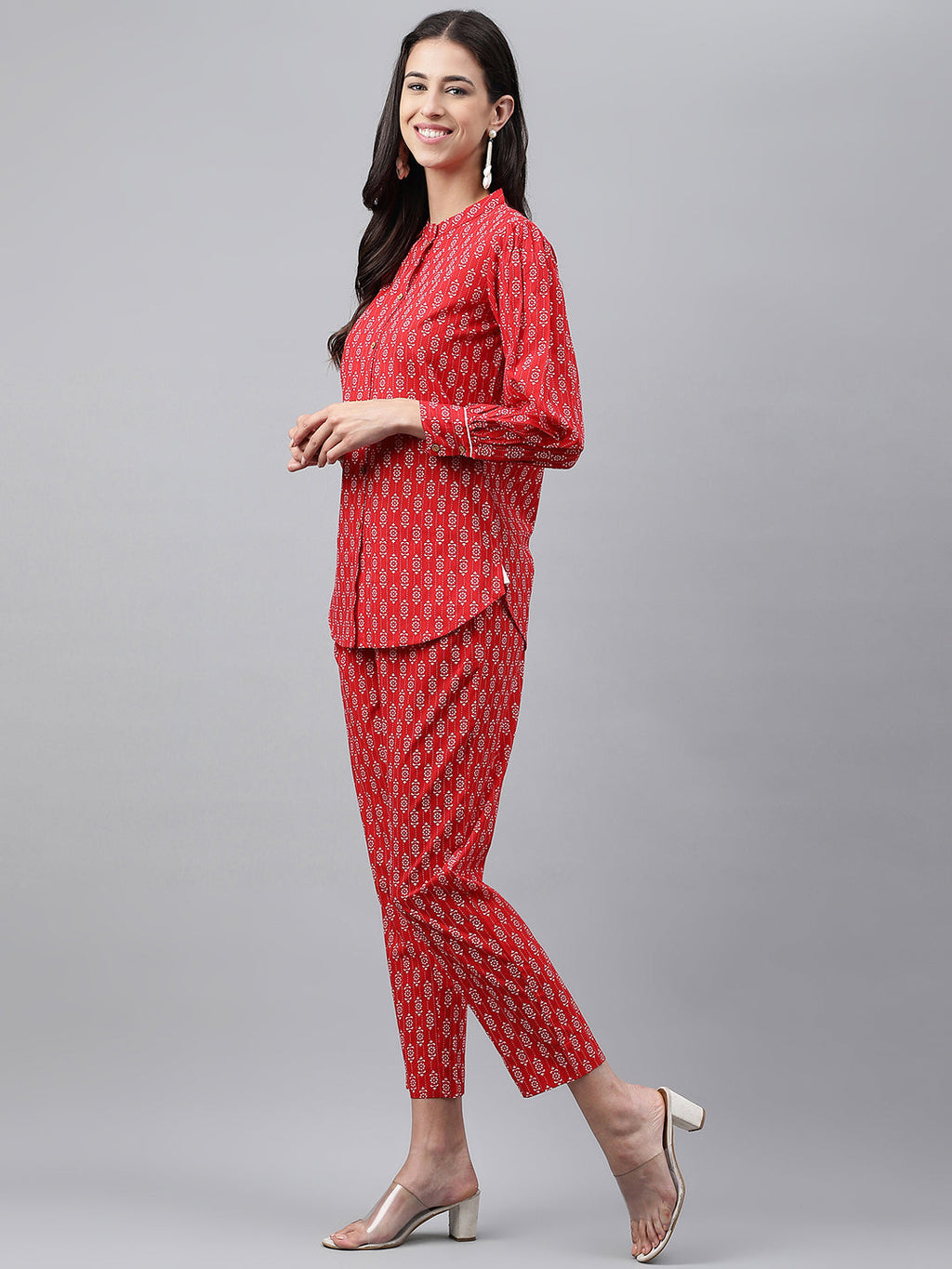 Janasya Women's Red Cotton Ethnic Motifs Regular Casual Top Set