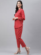 Janasya Women's Red Cotton Ethnic Motifs Regular Casual Top Set
