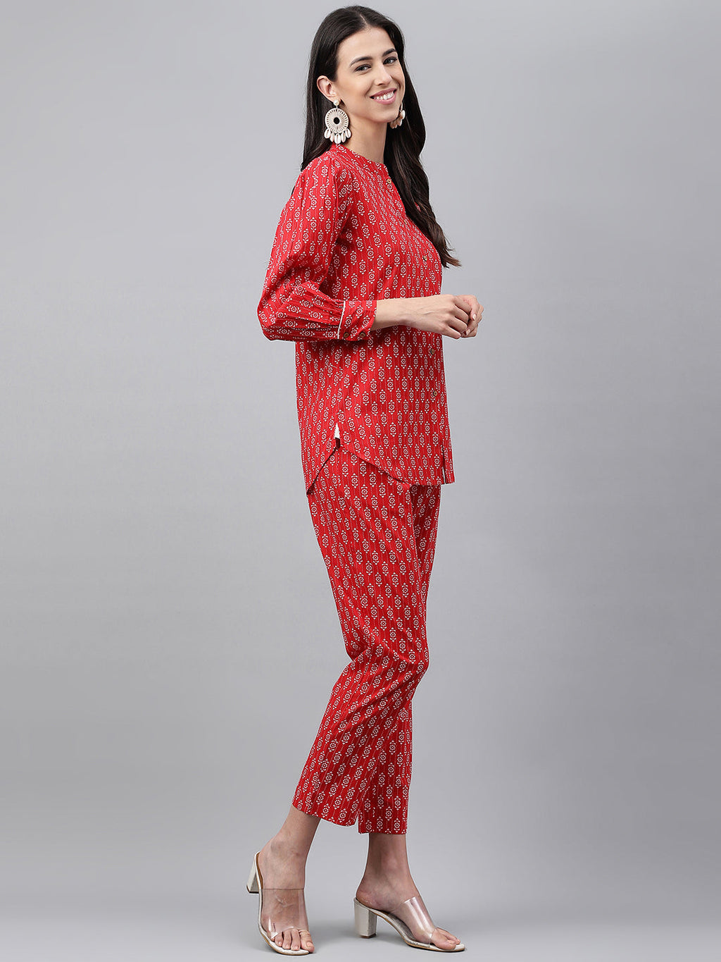 Janasya Women's Red Cotton Ethnic Motifs Regular Casual Top Set