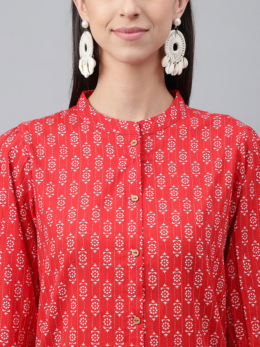 Janasya Women's Red Cotton Ethnic Motifs Regular Casual Top Set