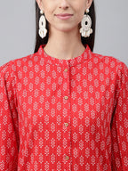 Janasya Women's Red Cotton Ethnic Motifs Regular Casual Top Set