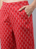 Janasya Women's Red Cotton Ethnic Motifs Regular Casual Top Set