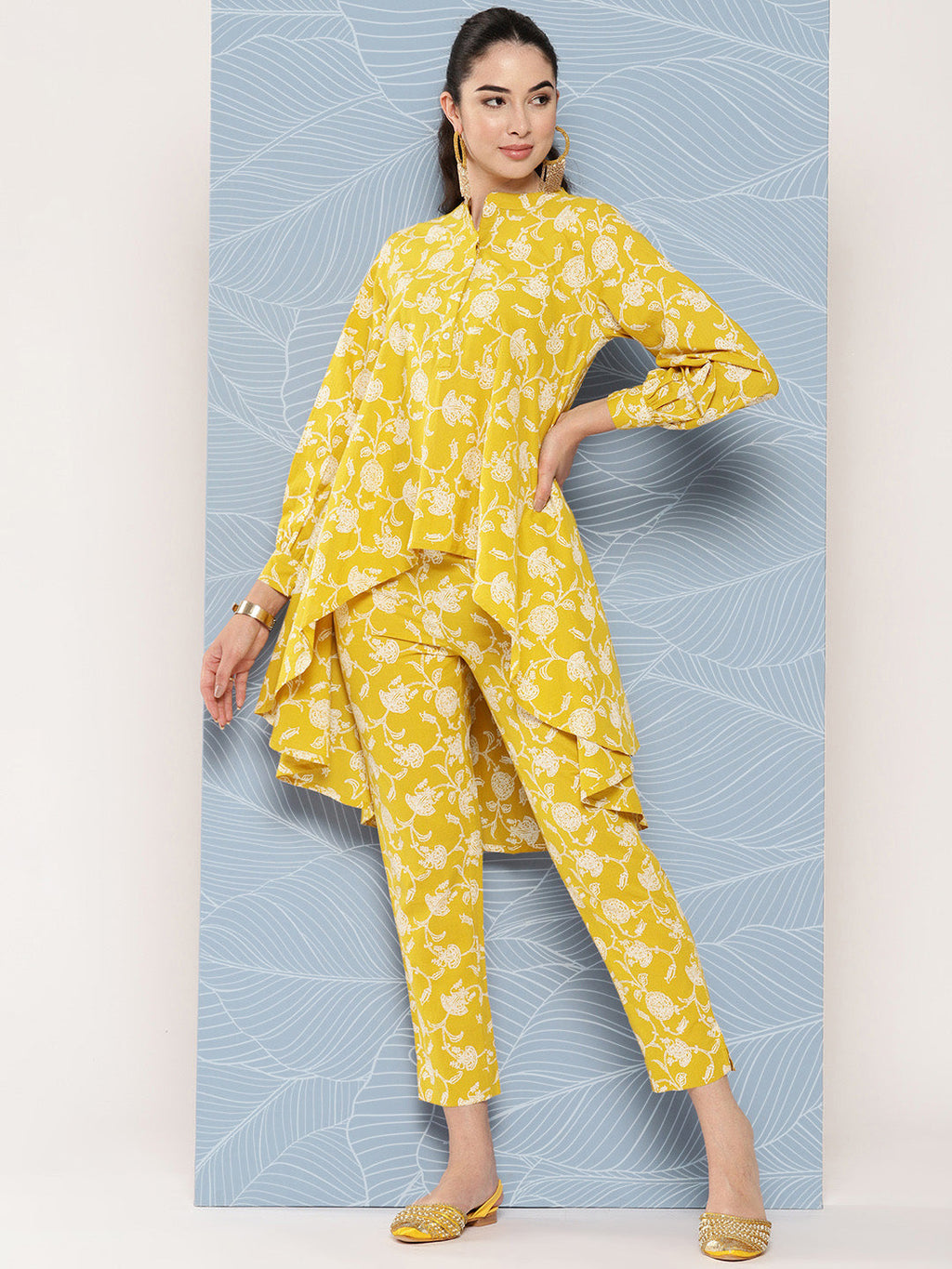 Janasya Women's Mustard Cotton Floral Printed High Low Casual Tunic Set