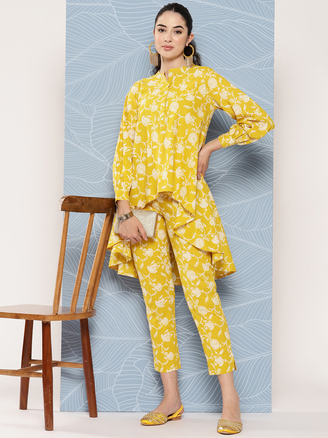 Janasya Women's Mustard Cotton Floral Printed High Low Casual Tunic Set