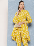 Janasya Women's Mustard Cotton Floral Printed High Low Casual Tunic Set