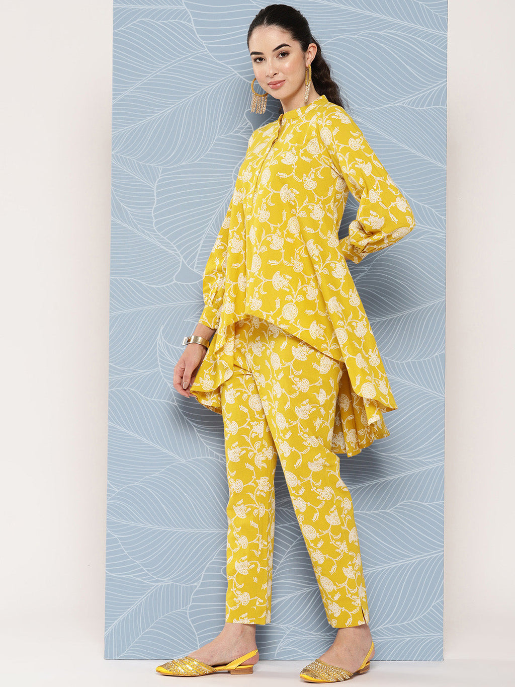 Janasya Women's Mustard Cotton Floral Printed High Low Casual Tunic Set