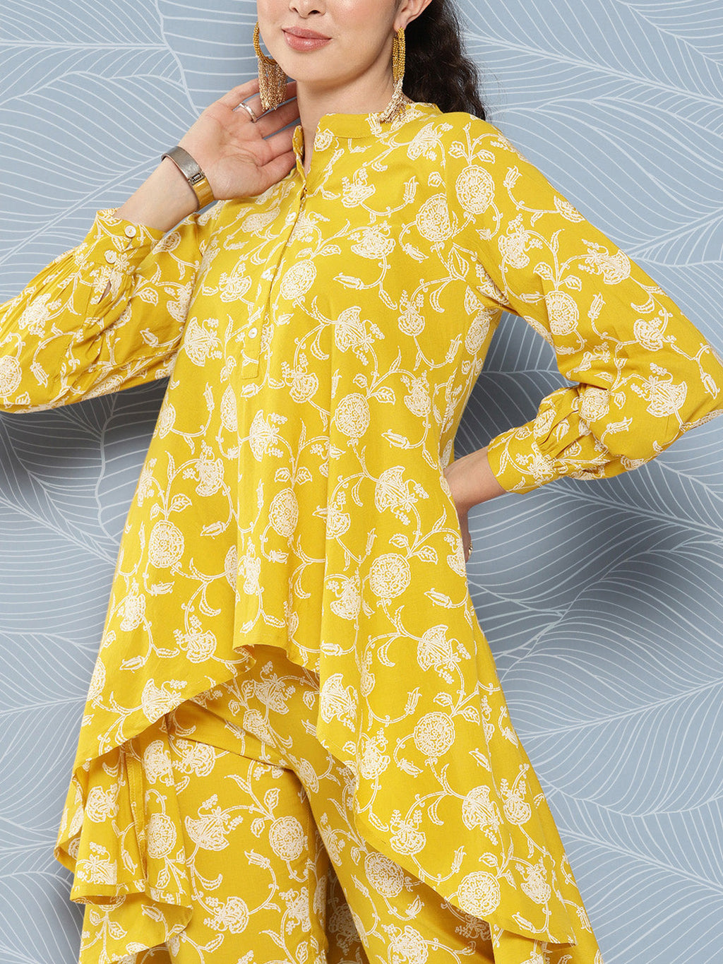 Janasya Women's Mustard Cotton Floral Printed High Low Casual Tunic Set