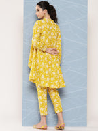 Janasya Women's Mustard Cotton Floral Printed High Low Casual Tunic Set