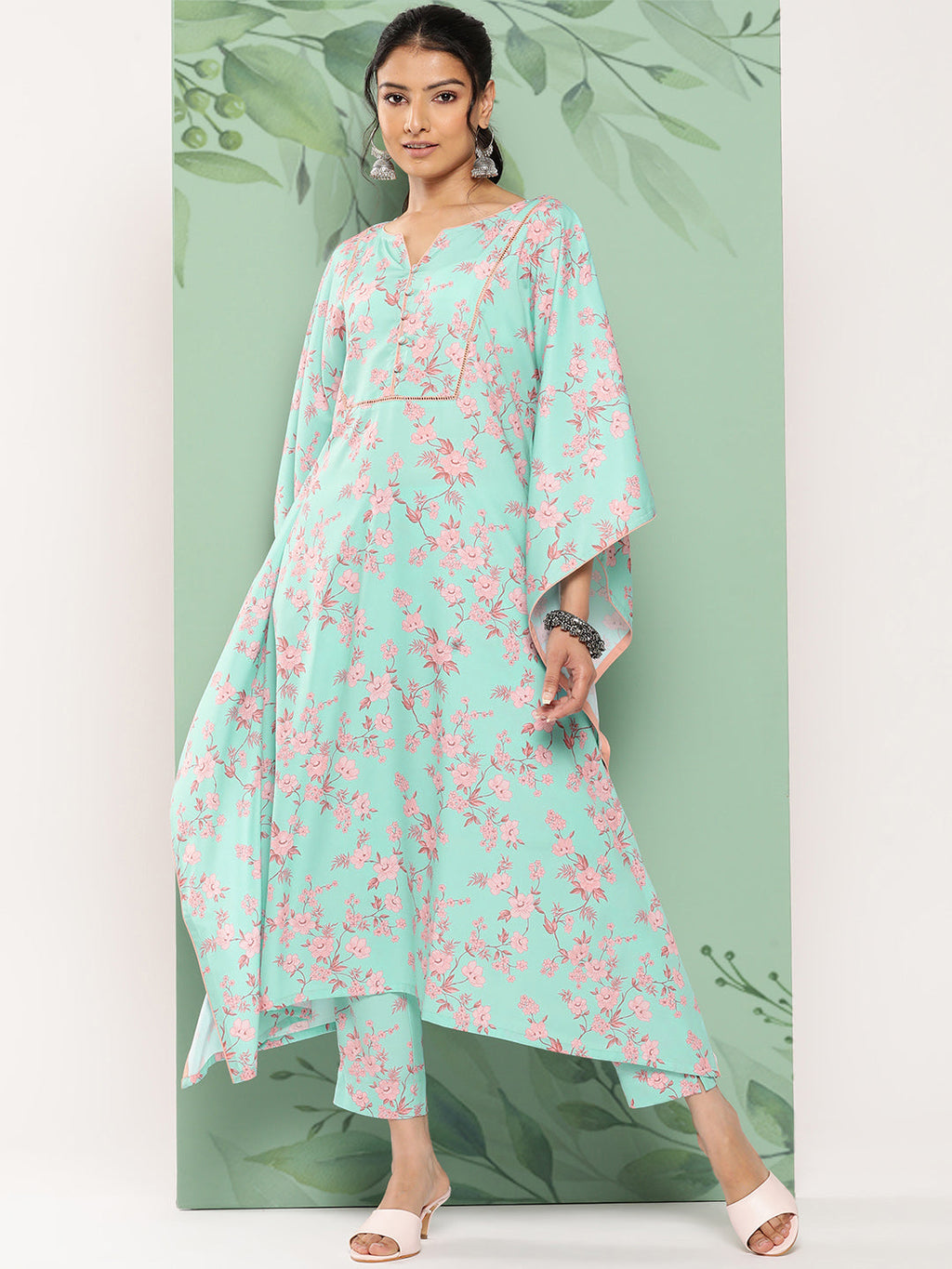 Janasya Women's Sea Green Crepe Digital Printed Kaftan Casual Kaftan Set