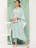 Janasya Women's Sea Green Crepe Digital Printed Kaftan Casual Kaftan Set