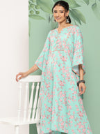Janasya Women's Sea Green Crepe Digital Printed Kaftan Casual Kaftan Set