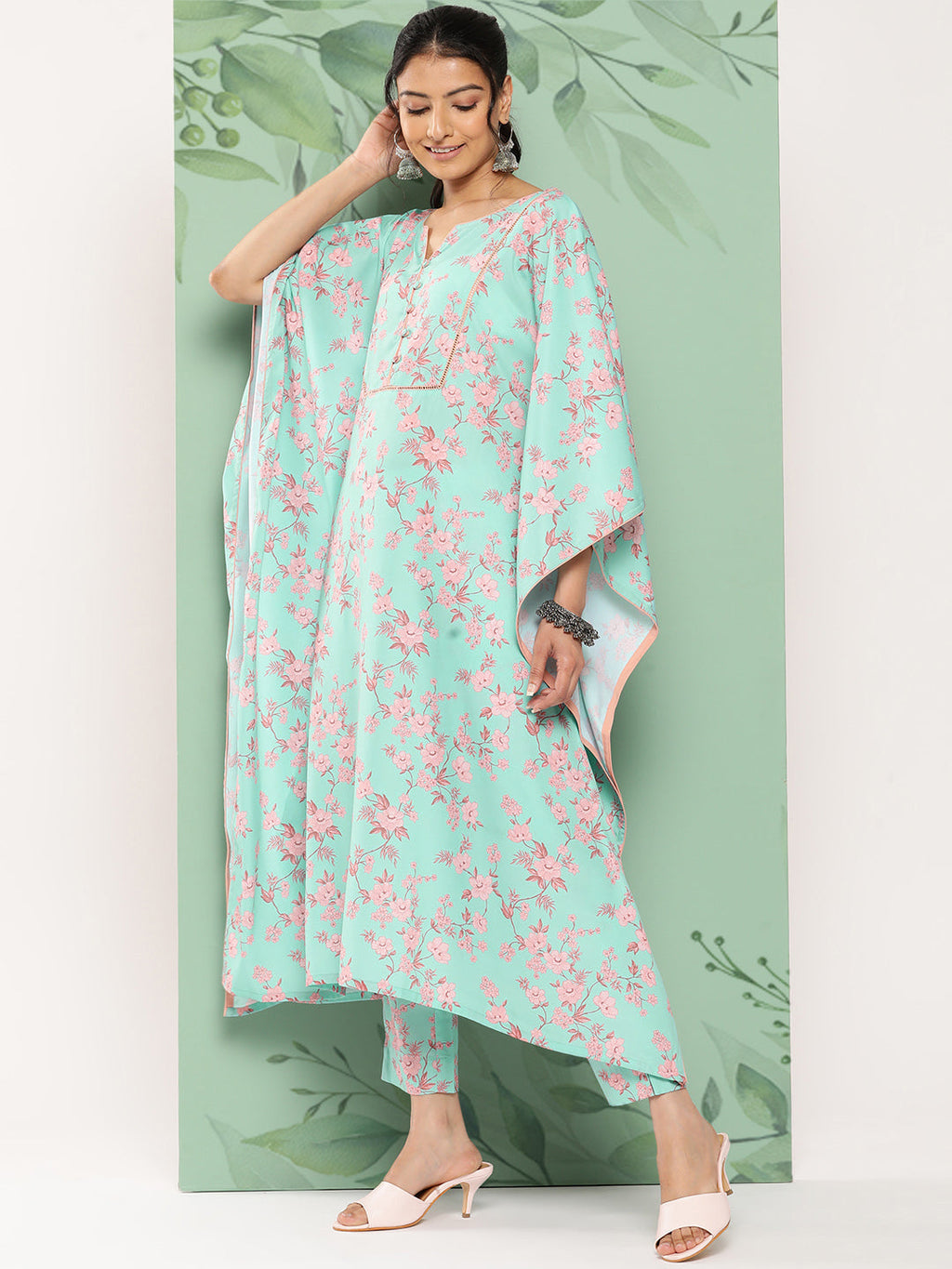 Janasya Women's Sea Green Crepe Digital Printed Kaftan Casual Kaftan Set