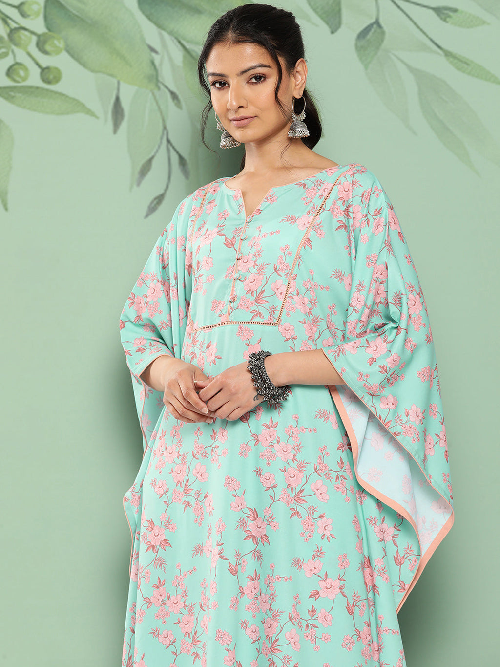 Janasya Women's Sea Green Crepe Digital Printed Kaftan Casual Kaftan Set